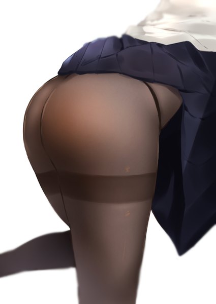 Anime picture 2508x3541 with original tokorotn single tall image highres light erotic simple background white background ass pleated skirt leaning leaning forward close-up skirt lift head out of frame pov ass girl skirt pantyhose black pantyhose