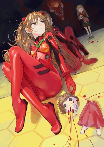 Anime picture 2480x3507 with neon genesis evangelion gainax soryu asuka langley eva 02 shrimp cc long hair tall image highres blue eyes brown hair standing twintails looking away full body bent knee (knees) shadow dutch angle tears crossed legs reflection