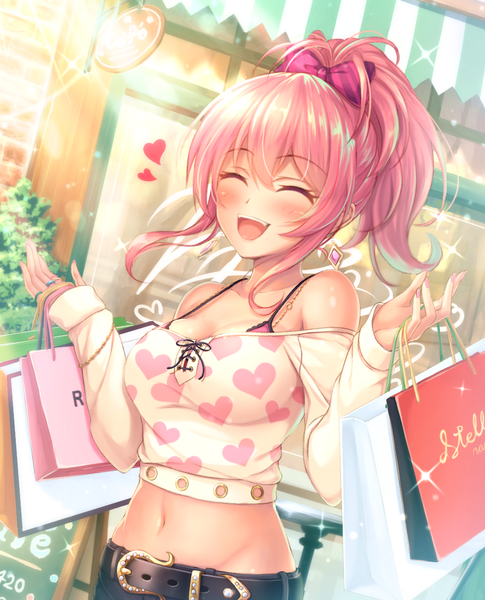 Anime picture 1012x1251 with idolmaster idolmaster cinderella girls jougasaki mika tiphereth single long hair tall image blush breasts open mouth light erotic smile bare shoulders holding pink hair eyes closed bare belly sparkle midriff happy
