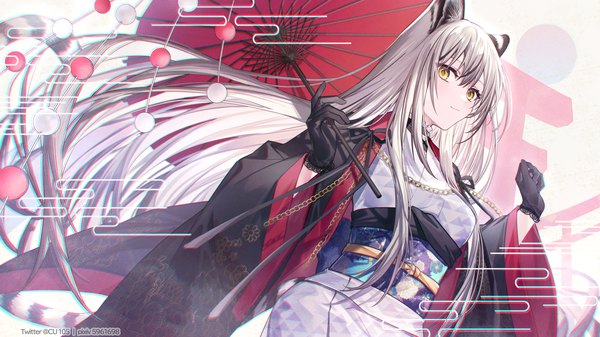 Anime picture 1500x842 with original coyucom single long hair blush fringe breasts simple background hair between eyes wide image standing holding signed animal ears yellow eyes tail traditional clothes japanese clothes animal tail grey hair