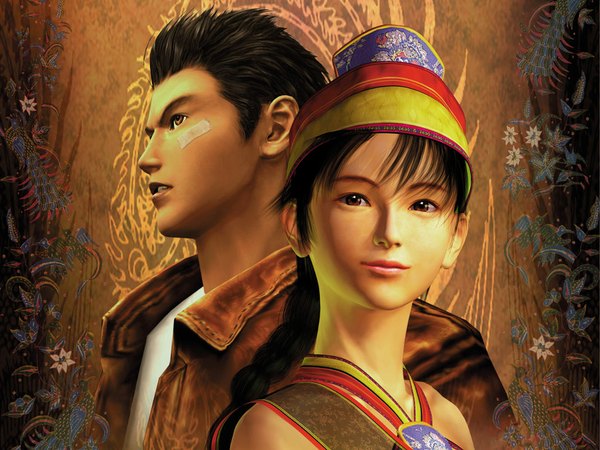 Anime picture 1024x768 with shenmue black hair smile red eyes brown eyes braid (braids) realistic official art wallpaper lipstick chinese clothes bandaid on face 3d hat jacket bandaid ryo hazuki shenhua (shenmue)