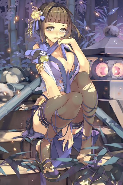Anime picture 667x1000 with blade & soul btoor single tall image looking at viewer blush short hair breasts light erotic brown hair brown eyes torn clothes girl thighhighs hair ornament black thighhighs torn thighhighs
