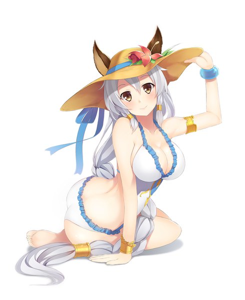 Anime picture 1200x1468 with granblue fantasy heles heles (summer) (granblue fantasy) hazuki (115483948) single tall image looking at viewer blush breasts light erotic simple background smile white background brown eyes animal ears braid (braids) very long hair grey hair official alternate costume erune