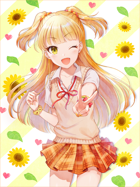 Anime picture 900x1200 with idolmaster idolmaster cinderella girls jougasaki rika bini single long hair tall image looking at viewer open mouth blonde hair green eyes nail polish pleated skirt one eye closed wink two side up victory ;d holding hair floral background