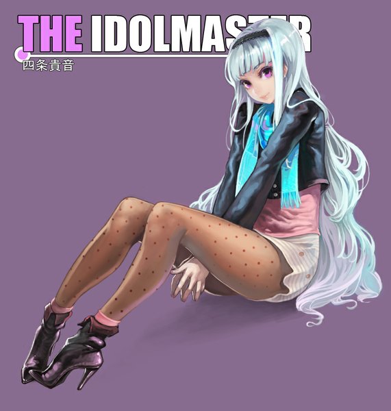 Anime picture 868x912 with idolmaster shijou takane fasces single long hair tall image looking at viewer fringe simple background smile sitting purple eyes blue hair bent knee (knees) inscription high heels copyright name polka dot purple background girl