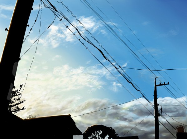 Anime picture 1077x800 with original kinoto (ruindivinity) sky cloud (clouds) landscape wire (wires) power lines