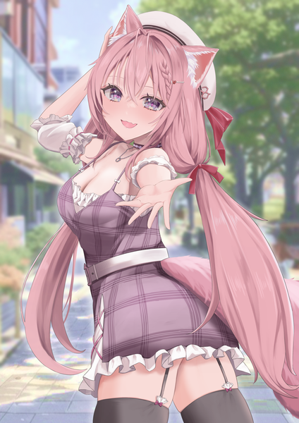 Anime picture 1500x2121 with virtual youtuber hololive hakui koyori ara1e single long hair tall image looking at viewer blush fringe breasts open mouth light erotic hair between eyes large breasts purple eyes twintails animal ears pink hair cleavage