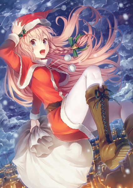 Anime picture 708x1000 with paseri single long hair tall image looking at viewer blush fringe open mouth blue eyes blonde hair holding cloud (clouds) bent knee (knees) braid (braids) wind city snowing christmas winter snow