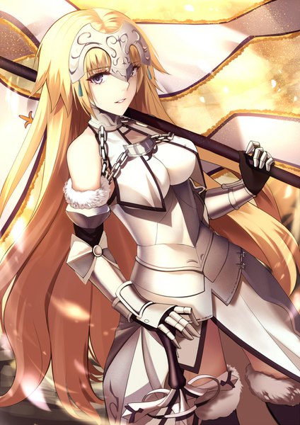 Anime picture 1116x1578 with fate (series) fate/apocrypha jeanne d'arc (fate) (all) jeanne d'arc (fate) shiguru single long hair tall image looking at viewer breasts blonde hair standing purple eyes bare shoulders parted lips fur trim girl weapon sword armor