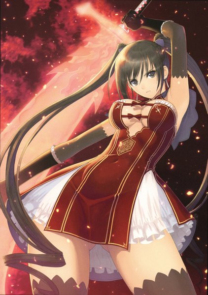 Anime picture 4386x6238 with shining (series) shining blade maxima enfield tony taka single long hair tall image highres breasts light erotic black hair twintails absurdres black eyes scan covered navel girl thighhighs dress gloves