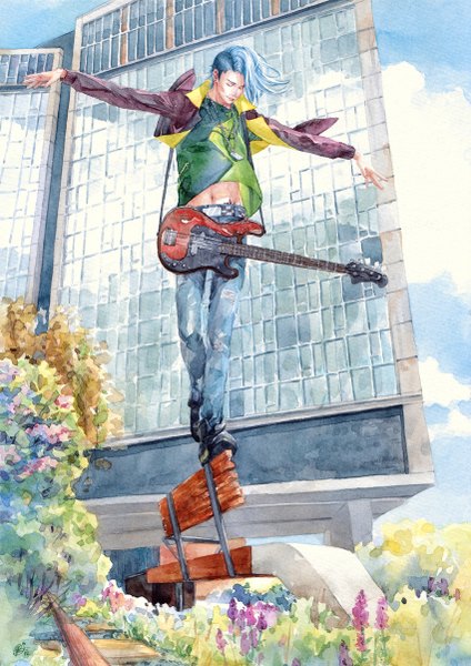 Anime picture 850x1202 with original chernotrav single long hair tall image blue hair sky cloud (clouds) wind open clothes open jacket bare belly torn clothes spread arms boy navel plant (plants) jacket pendant building (buildings)