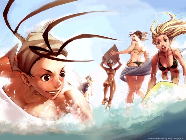 Anime picture 1600x1200 with minami-ke street fighter capcom chun-li cammy white ibuki (street fighter) makoto (minami-ke) mako-chan (minami-ke) elena (street fighter) udon entertainment highres light erotic wallpaper beach swimsuit bikini sea surfboard