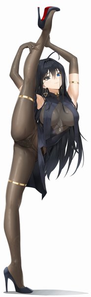 Anime picture 1888x6120 with original pixel (yuxian) single long hair tall image looking at viewer fringe highres breasts blue eyes light erotic black hair simple background smile hair between eyes large breasts standing white background full body ahoge