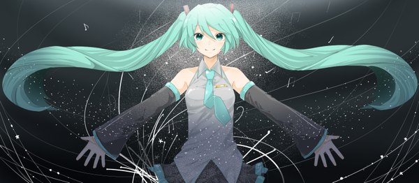 Anime picture 1543x675 with vocaloid hatsune miku piku (pikumin) single looking at viewer smile wide image twintails bare shoulders very long hair aqua eyes aqua hair spread arms girl hair ornament detached sleeves necktie