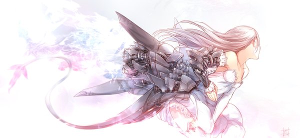 Anime picture 1417x652 with original akaitera single long hair blonde hair wide image white background bare shoulders signed tail kneeling mechanical girl dress detached sleeves white dress armor armored dress
