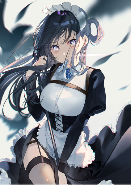 Anime-Bild 1157x1637 mit original miwano rag single long hair tall image looking at viewer fringe breasts blue eyes black hair standing holding long sleeves head tilt maid puffy sleeves floating hair mouth hold side slit frilled dress