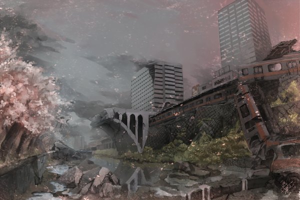 Аниме картинка 2000x1330 с оригинальное изображение takio (artist) высокое разрешение подписанный цветущая вишня город без людей река руины разрушение лепестки здание (здания) мост небоскрёб поезд