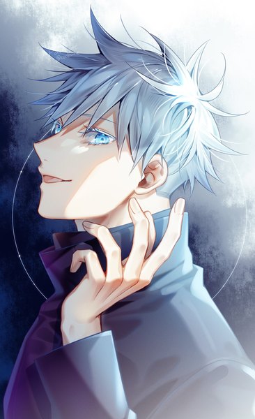 Anime picture 1097x1800 with jujutsu kaisen mappa gojou satoru cocosuke single tall image looking at viewer short hair open mouth blue eyes silver hair upper body :d shaded face boy