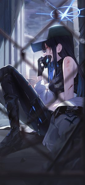 Anime picture 1377x2993 with blue archive saori (blue archive) gnns single long hair tall image fringe breasts blue eyes black hair hair between eyes sitting looking away sky bent knee (knees) outdoors profile multicolored hair arm up blurry