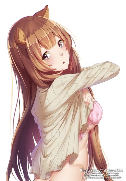 Anime picture 1114x1600 with tate no yuusha no nariagari kinema citrus raphtalia dannex009 single long hair tall image looking at viewer blush fringe breasts light erotic simple background brown hair large breasts standing white background purple eyes signed animal ears