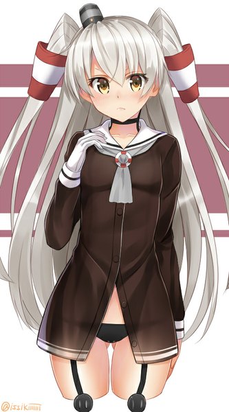 Anime picture 500x900 with kantai collection amatsukaze destroyer isshiki (ffmania7) single long hair tall image looking at viewer blush fringe light erotic brown eyes silver hair two side up ass visible through thighs girl gloves uniform hair ornament swimsuit hat