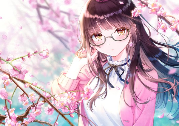 Anime picture 1062x752 with original kashiwabara en single long hair looking at viewer blush fringe brown hair yellow eyes sky cloud (clouds) upper body outdoors long sleeves arm up wind blurry open jacket cherry blossoms gradient hair