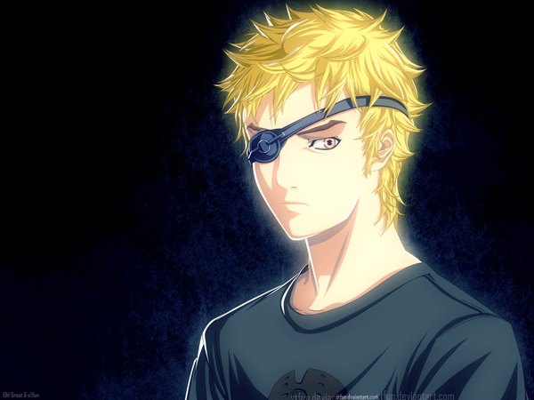 Anime picture 1600x1200 with tenjou tenge nagi souichirou stfun single short hair blonde hair brown eyes signed coloring black background portrait dark background face boy eyepatch