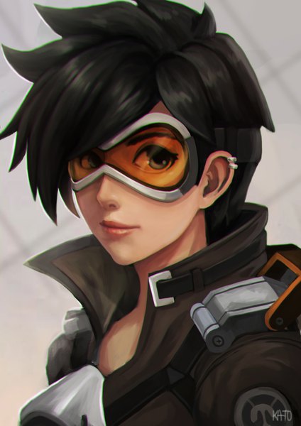 Anime picture 1654x2339 with overwatch blizzard entertainment tracer (overwatch) kato-artist single tall image looking at viewer short hair black hair simple background brown eyes signed upper body light smile piercing portrait ear piercing spiked hair girl goggles