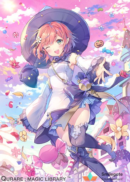 Anime picture 640x896 with qurare: magic library yeonwa single tall image looking at viewer blush short hair open mouth blonde hair green eyes sky cloud (clouds) outdoors one eye closed pointy ears wink sunlight inscription wide sleeves official art
