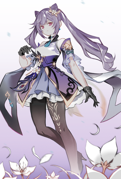Anime picture 1384x2048 with genshin impact keqing (genshin impact) ryoma (rym 369) single long hair tall image looking at viewer fringe twintails payot purple hair pink eyes from below hair bun (hair buns) girl gloves flower (flowers) detached sleeves pantyhose black gloves
