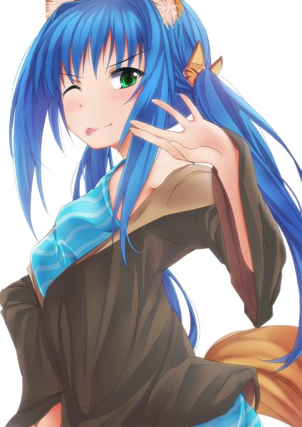 Anime picture 1167x1650 with original icyfox single long hair tall image looking at viewer simple background white background twintails bare shoulders green eyes animal ears blue hair tail animal tail one eye closed wink fox ears fox tail girl