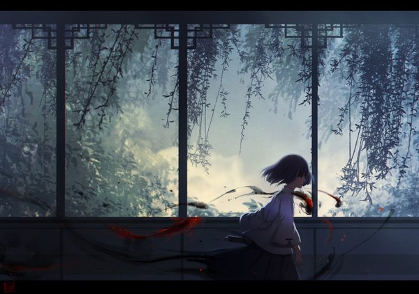 Anime picture 1300x915 with original guan tang baozi single fringe short hair black hair looking away long sleeves profile pleated skirt black eyes wide sleeves running girl skirt plant (plants) animal tree (trees) leaf (leaves) black skirt