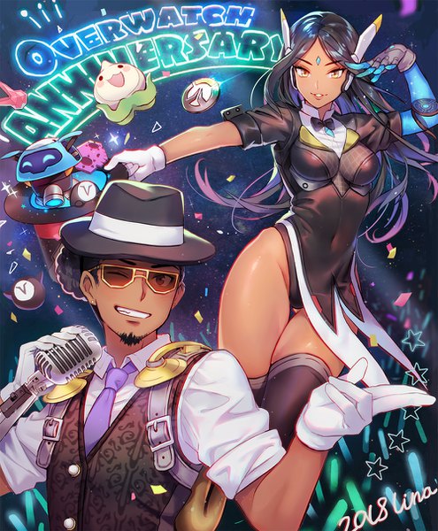 Anime picture 1000x1210 with overwatch blizzard entertainment snowball (overwatch) symmetra (overwatch) lucio (overwatch) pachimari magician symmetra jazzy lucio lino chang long hair tall image short hair light erotic black hair brown eyes one eye closed wink sparkle dark skin covered navel