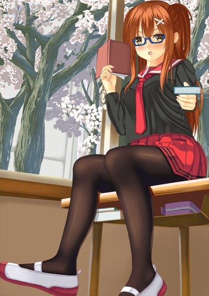 Anime picture 1100x1556 with original komori413 single long hair tall image looking at viewer blush open mouth brown hair sitting yellow eyes girl skirt plant (plants) pantyhose tree (trees) glasses necktie book (books)