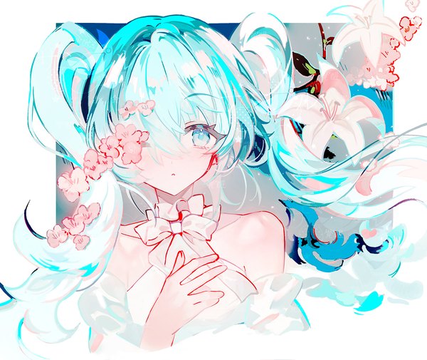 Anime picture 1200x1009 with vocaloid hatsune miku juexing (moemoe3345) single long hair looking at viewer fringe hair between eyes twintails upper body aqua eyes aqua hair border outside border flower over eye girl flower (flowers)