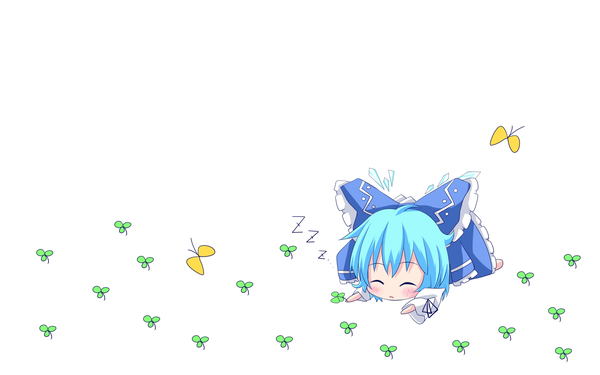 Anime picture 1920x1200 with touhou cirno blush highres wide image blue hair sleeping miko chibi girl bow hair bow detached sleeves insect butterfly clover (plant)
