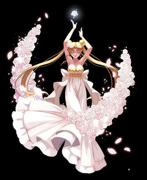 Anime picture 655x800 with bishoujo senshi sailor moon toei animation tsukino usagi princess serenity tongyaohuan single long hair tall image simple background blonde hair twintails eyes closed black background girl dress hair ornament flower (flowers) petals white dress