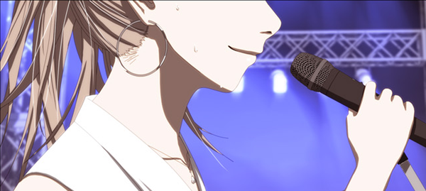 Anime picture 1000x449 with song of the cloud gha eon single long hair blonde hair wide image profile light smile sweat girl earrings microphone scene