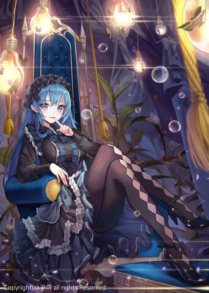 Anime picture 2504x3508 with original yuna (deadawon) single long hair tall image looking at viewer blush highres blue eyes sitting blue hair bent knee (knees) crossed legs finger to mouth rhombus girl dress plant (plants) pantyhose frills