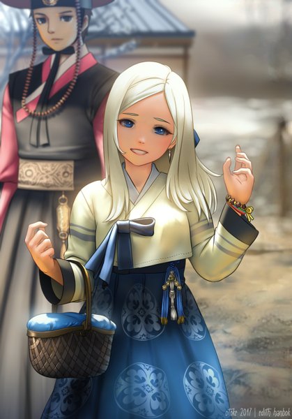 Anime picture 978x1400 with original edith wilton mawa setiawan long hair tall image looking at viewer blue eyes blonde hair smile signed long sleeves traditional clothes arms up depth of field 2017 korean clothes girl boy skirt earrings