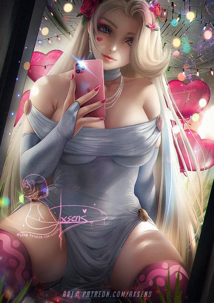 Anime picture 848x1200 with pokemon pokemon (game) pokemon swsh nintendo apple inc. melon (pokemon) axsen single long hair tall image looking at viewer fringe breasts blue eyes light erotic blonde hair smile large breasts sitting bare shoulders