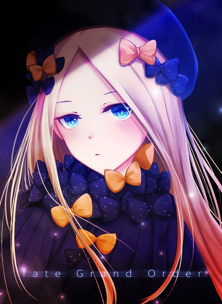 Anime picture 1650x2250 with fate (series) fate/grand order abigail williams (fate) slime (user jpds8754) single long hair tall image looking at viewer blush blue eyes blonde hair copyright name portrait light girl bow hair bow hat