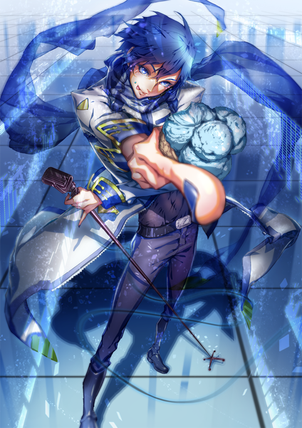 Anime picture 802x1134 with vocaloid kaito (vocaloid) kaito (vocaloid3) l.green single tall image looking at viewer short hair blue eyes blue hair nail polish fingernails :p boy food shoes jacket belt sweets tongue