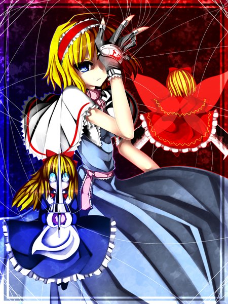 Anime picture 1500x2000 with touhou alice margatroid shanghai hourai kazetto (kazetsuto) tall image short hair blue eyes blonde hair framed girl dress gloves weapon hairband doll (dolls)