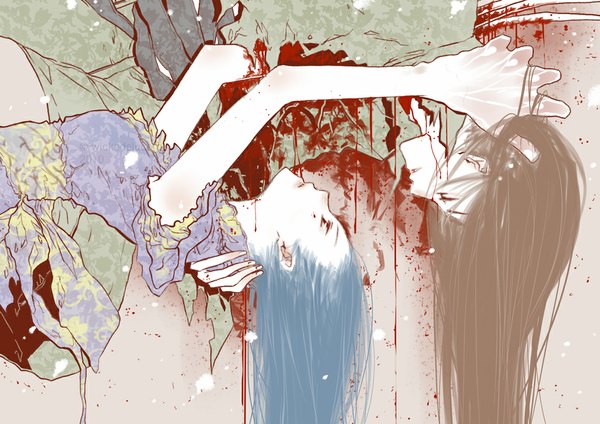 Аниме картинка 1024x724 с ian olympia длинные волосы каштановые волосы синие волосы вверх ногами девушка мужчина кровь