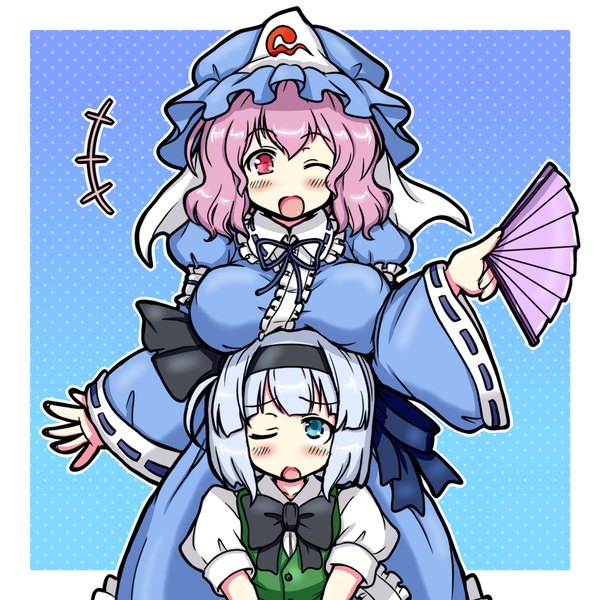 Anime picture 2000x2000 with touhou konpaku youmu saigyouji yuyuko eruru (erl) blush highres short hair breasts open mouth blue eyes smile large breasts multiple girls pink hair traditional clothes japanese clothes one eye closed pink eyes grey hair wavy hair