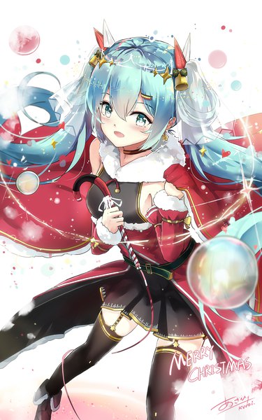 Anime picture 1274x2039 with vocaloid hatsune miku asahi kuroi single long hair tall image blush fringe open mouth hair between eyes twintails aqua eyes from above aqua hair fur trim christmas merry christmas girl thighhighs black thighhighs