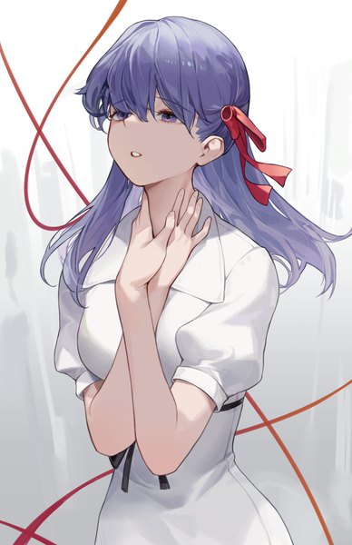 Anime picture 2603x4024 with fate (series) fate/stay night heaven's feel matou sakura cotta (heleif) single long hair tall image fringe highres hair between eyes purple eyes looking away purple hair upper body puffy sleeves arm around neck girl ribbon (ribbons) hair ribbon