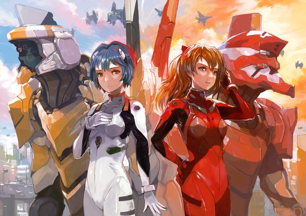 Anime picture 1900x1344 with neon genesis evangelion rebuild of evangelion evangelion: 2.0 you can (not) advance evangelion: 3.0 you can (not) redo gainax soryu asuka langley ayanami rei alchemaniac long hair looking at viewer highres short hair blue eyes multiple girls brown eyes cloud (clouds) hand on hip city girl 2 girls