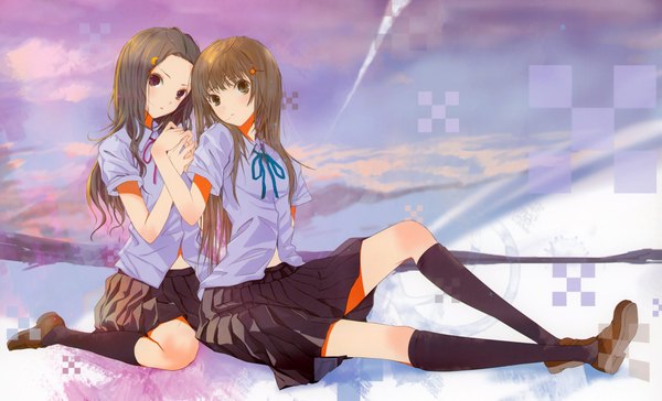 Anime picture 2113x1284 with claris (group) tagme (character) fuyuno haruaki long hair looking at viewer blush highres brown hair wide image sitting multiple girls brown eyes girl skirt uniform hair ornament ribbon (ribbons) 2 girls school uniform shirt